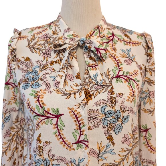 Maje Womens Sz 2 (M) Lixie Floral Botanical Button Ruffle Necktie L/S Blouse Top - Picture 3 of 12